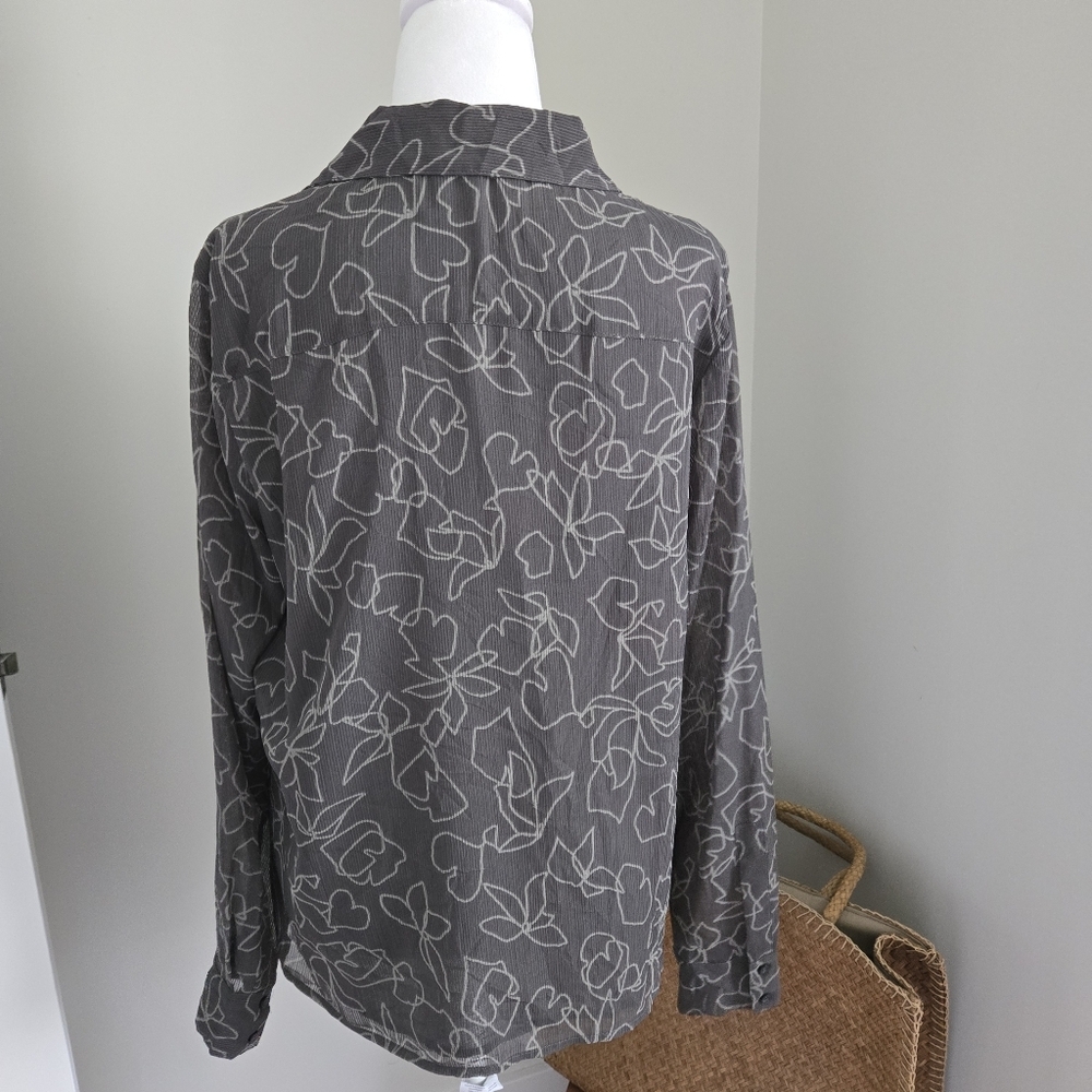 Calvin Klein Large Polyester Womens Gray Floral Ruffle Blouse - Picture 3 of 11